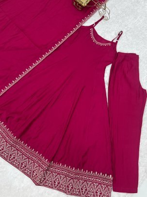 Roman silk Chanderi Fabric Rani Colour Anarkali Suit