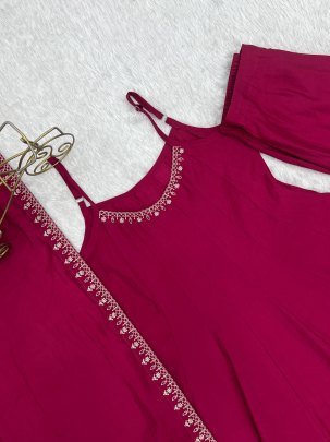Roman silk Chanderi Fabric Rani Colour Anarkali Suit