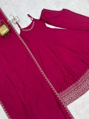Roman silk Chanderi Fabric Rani Colour Anarkali Suit