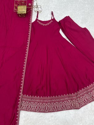 Roman silk Chanderi Fabric Rani Colour Anarkali Suit
