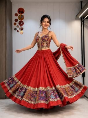 Roman Silk Cotton Fabric  Red Colour Navratri Lehenga