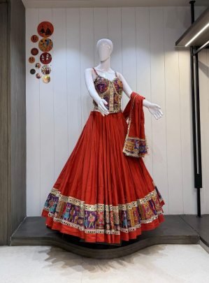 Roman Silk Cotton Fabric  Red Colour Navratri Lehenga