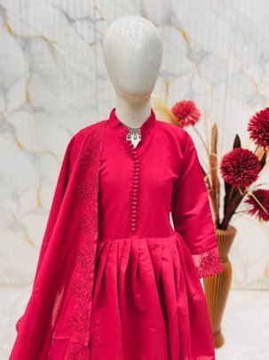 Roman Silk  Fabric  Red Colour Kids Palazzo Suit