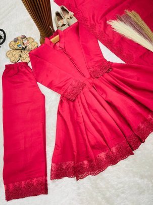 Roman Silk  Fabric  Red Colour Kids Palazzo Suit