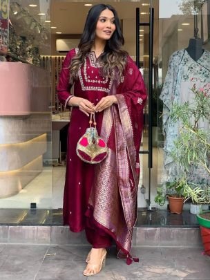 Roman Silk Heavy Sequence Embroidery Work Kurti With Latkan Dupatta