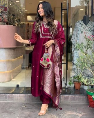 Roman Silk Heavy Sequence Embroidery Work Kurti With Latkan Dupatta