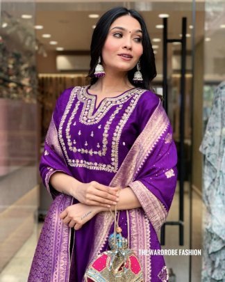 Roman Silk Heavy Sequence Embroidery Work Purple Kurti With Latkan Dupatta