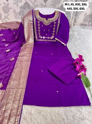 Roman Silk Heavy Sequence Embroidery Work Purple Kurti With Latkan Dupatta