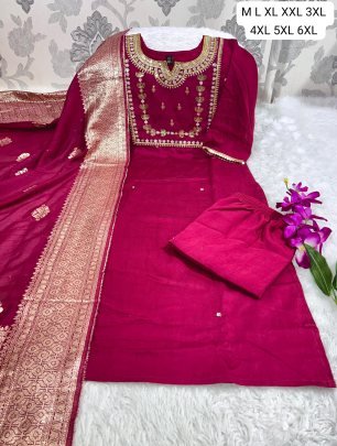 Roman Silk Heavy Sequence Embroidery Work Kurti With Latkan Dupatta