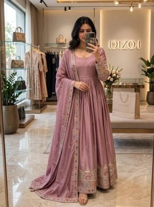 Rose Colour Aura Chinon Gown Set 