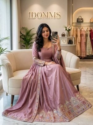 Rose Colour Aura Chinon Gown Set