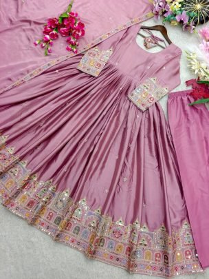 Rose Colour Aura Chinon Gown Set