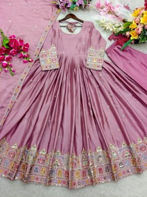 Rose Colour Aura Chinon Gown Set