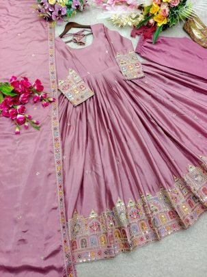 Rose Colour Aura Chinon Gown Set