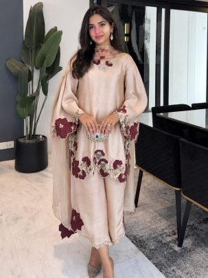 Rose Pink Colour Sequence Work Ready Made Suit