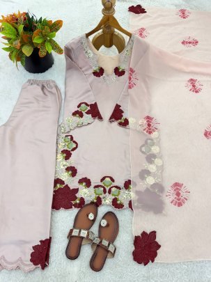 Rose Pink Colour Sequence Work Ready Made Suit