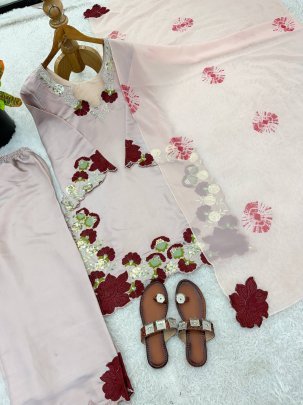 Rose Pink Colour Sequence Work Ready Made Suit