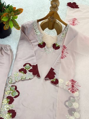 Rose Pink Colour Sequence Work Ready Made Suit