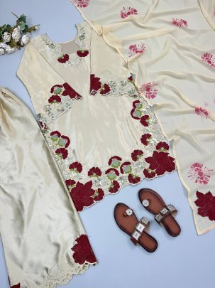 Rose Pink Colour Sequence Work Ready Made Suit