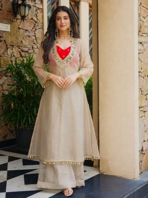 Royal Beige Colour Mirror Work Indo Western Dress