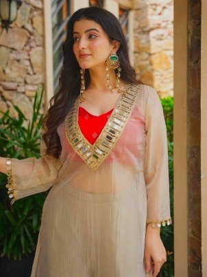 Royal Beige Colour Mirror Work Indo Western Dress