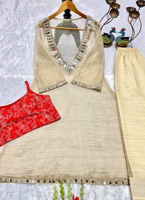 Royal Beige Colour Mirror Work Indo Western Dress