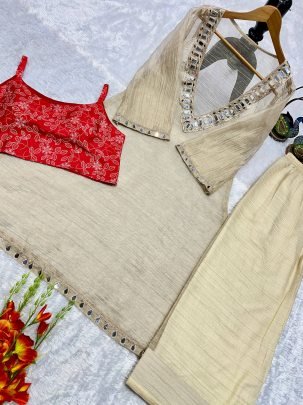 Royal Beige Colour Mirror Work Indo Western Dress