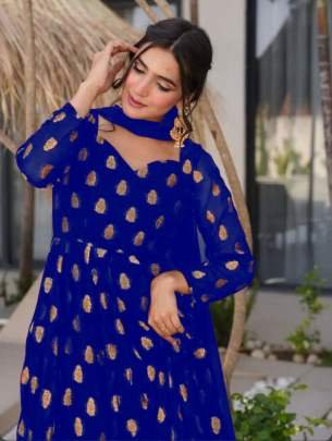 Royal Blue Anarkali Style Gown With Gold Embroidery Work