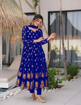 Royal Blue Anarkali Style Gown With Gold Embroidery Work