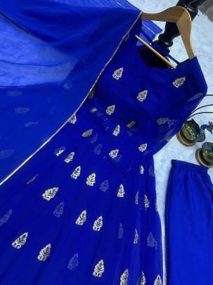 Royal Blue Anarkali Style Gown With Gold Embroidery Work