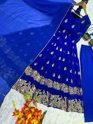 Royal Blue Anarkali Style Gown With Gold Embroidery Work