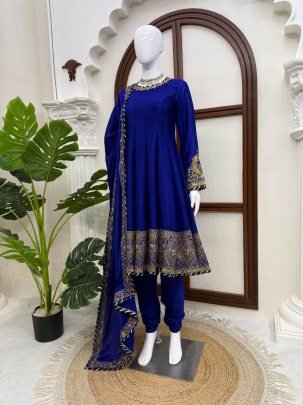 Royal Blue Chinon Anarkali Suit Set with Sequins And Gotta Patti Dupatta