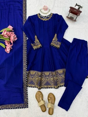 Royal Blue Chinon Anarkali Suit Set with Sequins And Gotta Patti Dupatta
