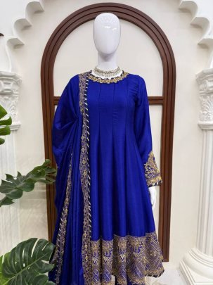 Royal Blue Chinon Anarkali Suit Set with Sequins And Gotta Patti Dupatta