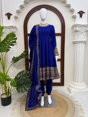 Royal Blue Chinon Anarkali Suit Set with Sequins And Gotta Patti Dupatta