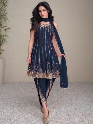 Royal Blue  Colour Embroidery Work Top Dhoti With Dupatta