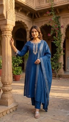 Royal Blue Embroidered Kurta Set with Dupatta
