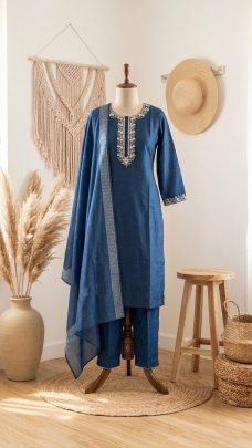 Royal Blue Embroidered Kurta Set with Dupatta
