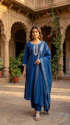 Royal Blue Embroidered Kurta Set with Dupatta