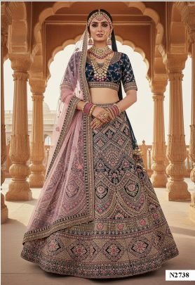 Royal Blue Velvet Diamond And Thread Work Lehenga And Net Light Pink Dupatta