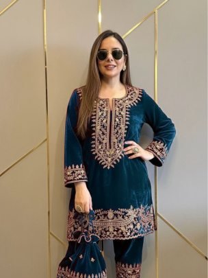 Royal Blue Velvet Embroidered  Fully Stiched Suit 