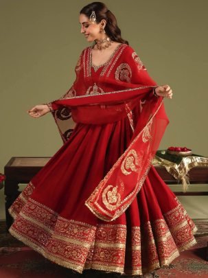 Royal Crimson Chinon Silk Designer Anarkali Gown Set with Embroidered Dupatta
