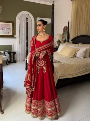 Royal Crimson Chinon Silk Designer Anarkali Gown Set with Embroidered Dupatta