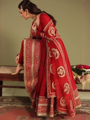 Royal Crimson Chinon Silk Designer Anarkali Gown Set with Embroidered Dupatta