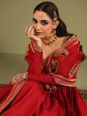 Royal Crimson Chinon Silk Designer Anarkali Gown Set with Embroidered Dupatta