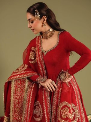 Royal Crimson Chinon Silk Designer Anarkali Gown Set with Embroidered Dupatta