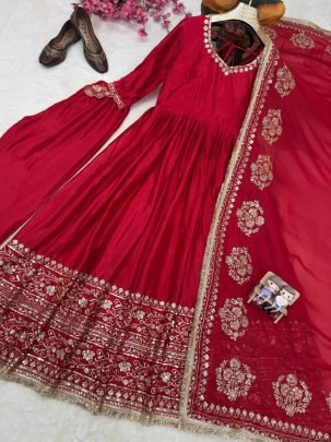 Royal Crimson Chinon Silk Designer Anarkali Gown Set with Embroidered Dupatta