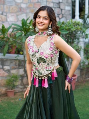 Royal Green Simar Tissue Silk Choli With Fendy Silk Embroidered Lehenga And Dupatta