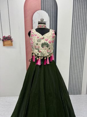 Royal Green Simar Tissue Silk Choli With Fendy Silk Embroidered Lehenga And Dupatta
