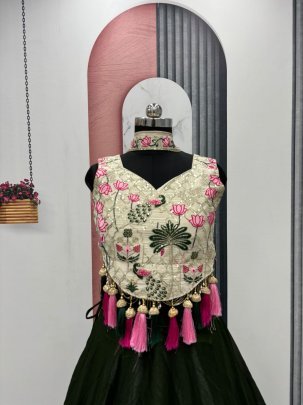 Royal Green Simar Tissue Silk Choli With Fendy Silk Embroidered Lehenga And Dupatta